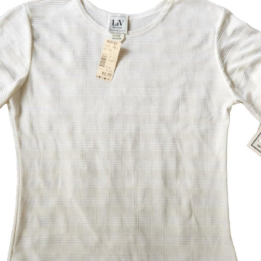 White Plaid Stripe Short Sleeve Blouse Medium Petite